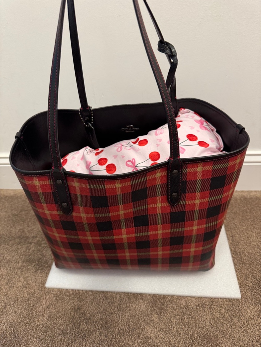 Coach Red and Black Plaid reversible city tote bag storybook pouch wristlet - Picture 3 of 15